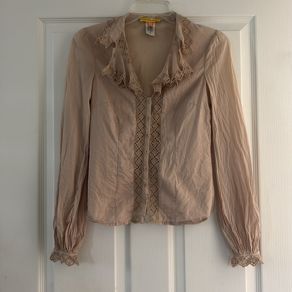 Catherine Malandrino Beige Lace Eyelet Trim Blouse Sz 2